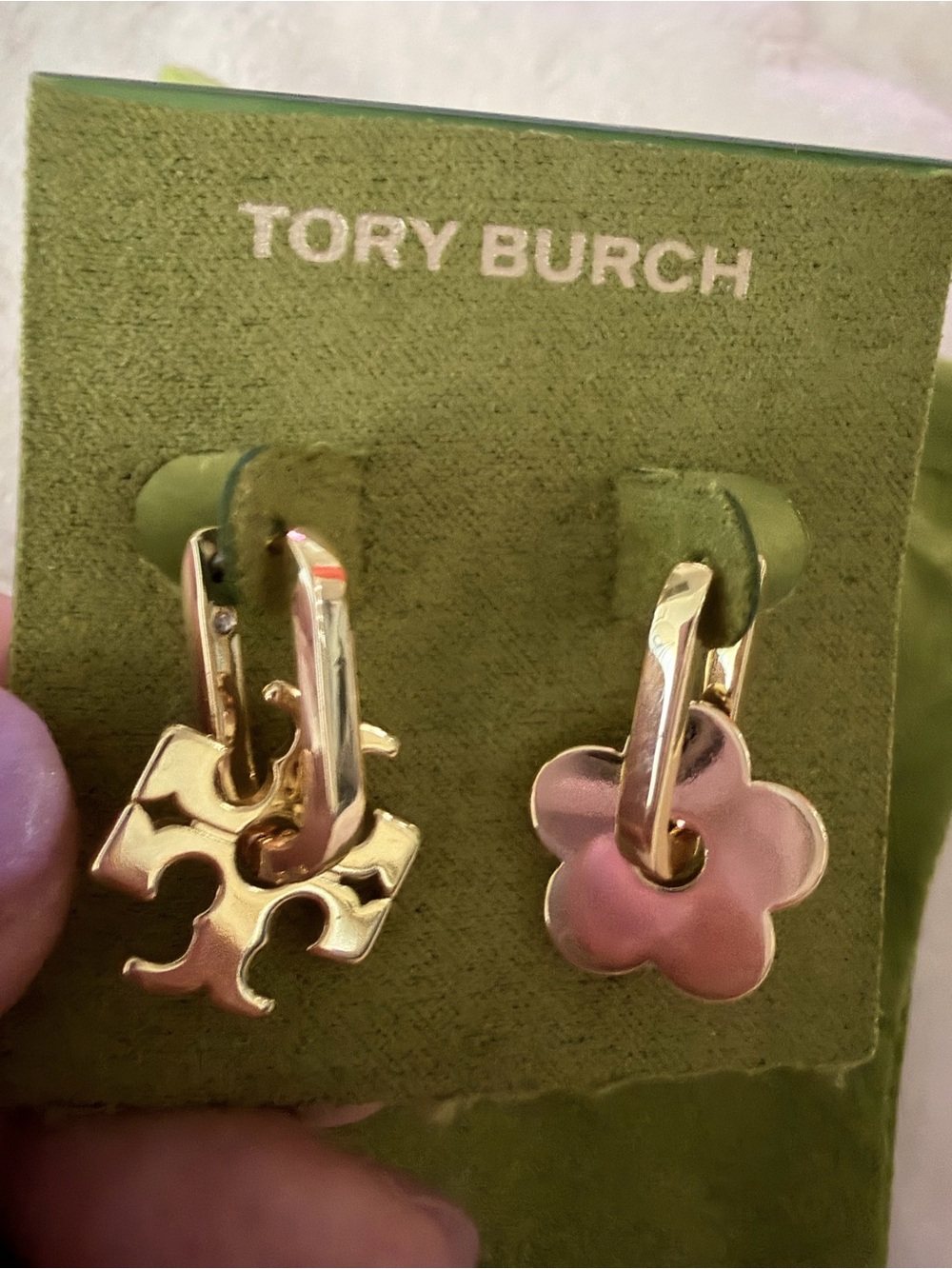 Tory Burch Gold Drop Mismatched Logo and Flower Earrings